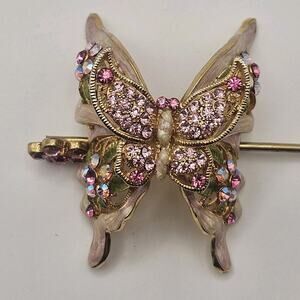 Vintage Iridescent Pink Multi Color Crystal Butterfly Hair Barrette Pin